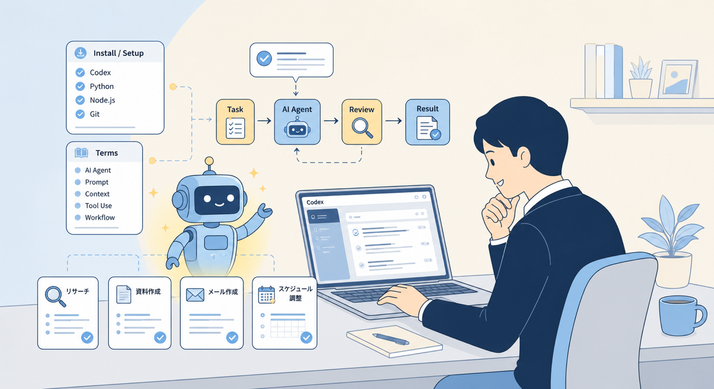 ビジネスパーソンがノートPCでCodexの使い方を学び、AIロボットがアドバイスをする様子