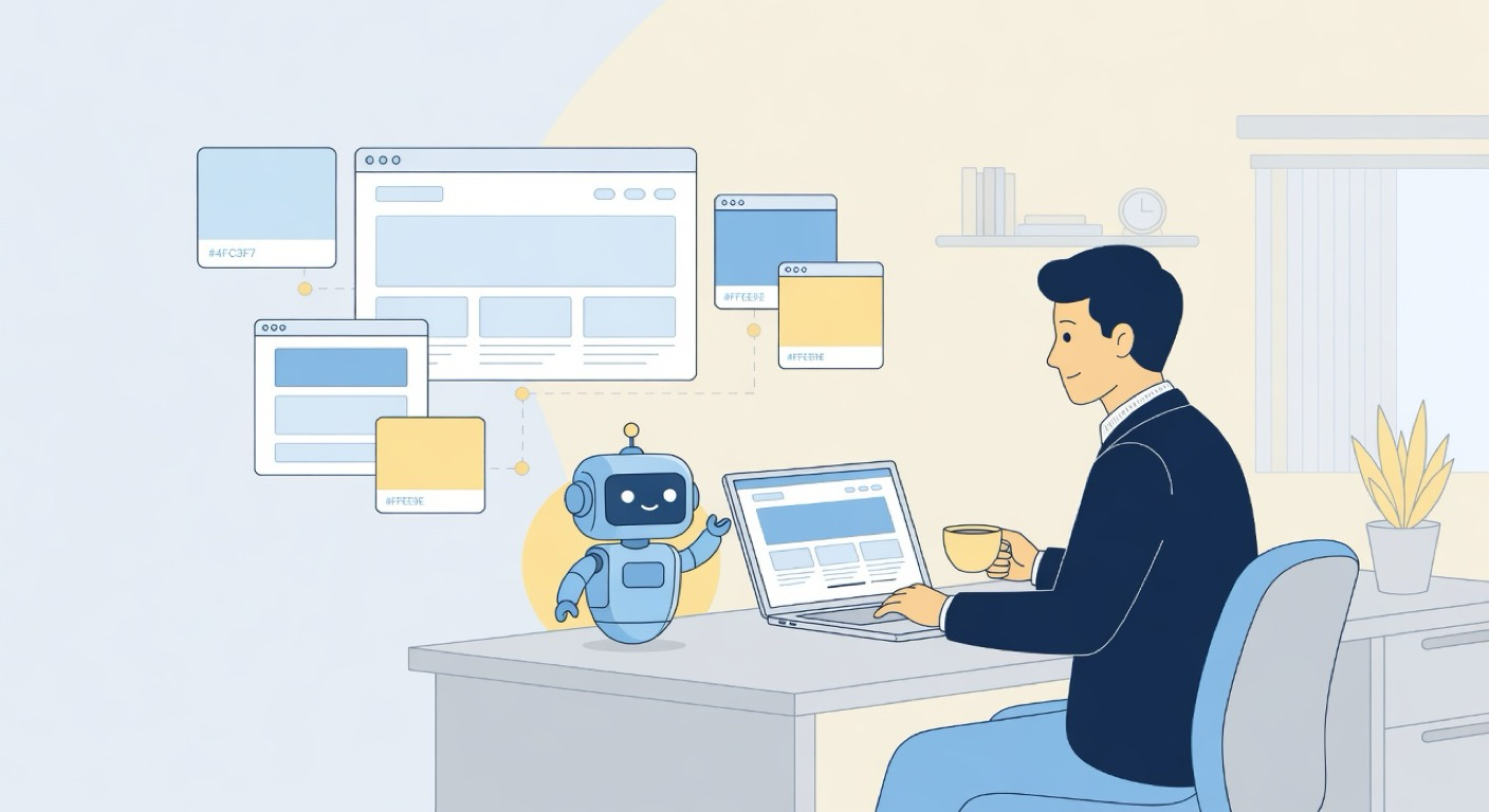 ビジネスパーソンがノートPCでウェブ制作を学び、AIロボットがワイヤーフレームやUIを手伝う様子