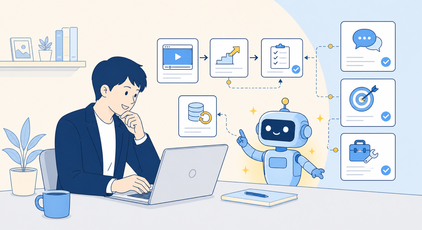 初心者がノートPCでAIエージェントの始め方を学び、AIロボットが準備手順を案内する様子